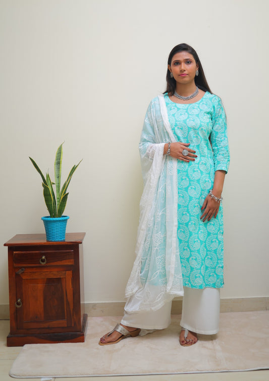 Sea Green Printed Suit Set with Embroidered Chiffon Dupatta