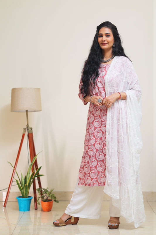Mauve Printed Suit Set with Embroidered Chiffon Dupatta