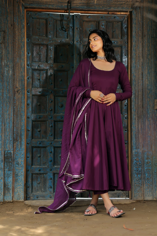 Mulberry Purple Anarkali Suit with Sequin Work Mulmul Dupatta (Set of 3)