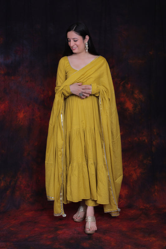 Royal Mustard Frill Anarkali Suit with Sequin Work Mulmul Dupatta (Set of 3)