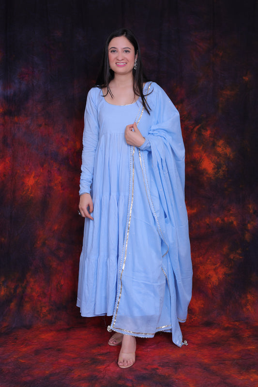 Powder Blue Frill Anarkali Suit with Sequin Work Mulmul Dupatta (Set of 3)
