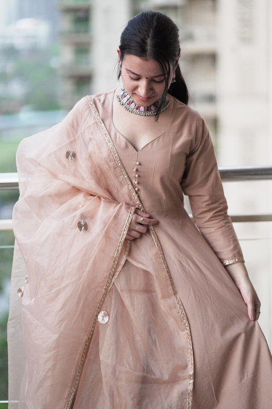 Subtle Brown Anarkali Suit Set With Organza Dupatta