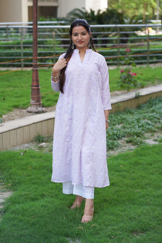 Lavender Floral Print Flared Kurti and Pants Set With Sequin Work