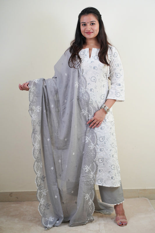 Grey White Embroidery Suit Set (Set of 3)