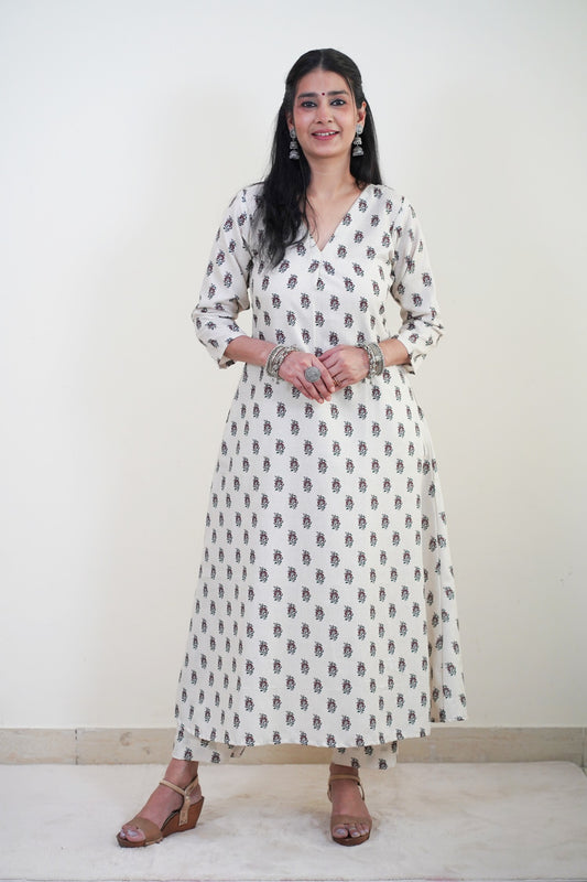 Off-White Floral Print A-Line Kurti and Palazzo Set