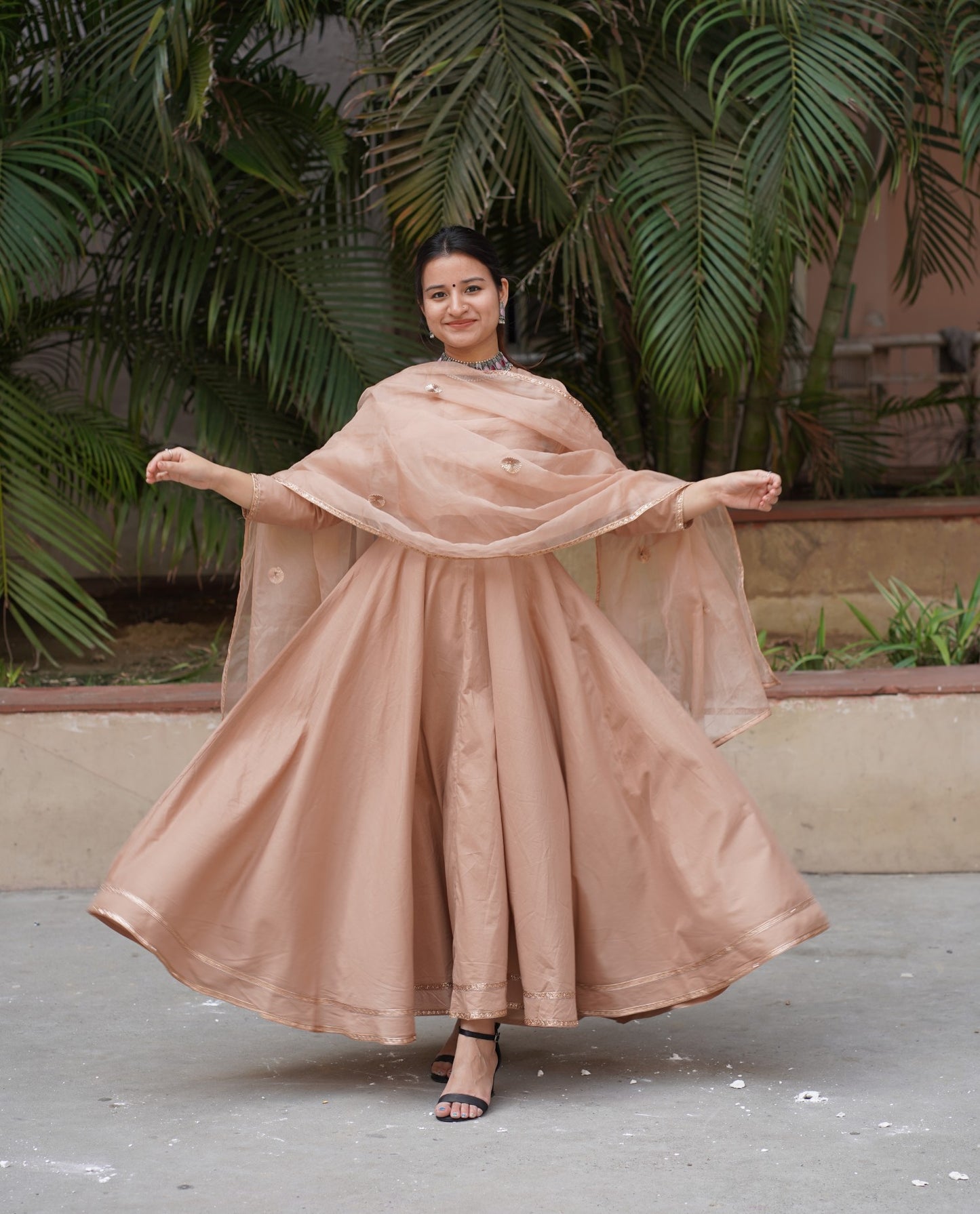 Subtle Brown Anarkali Suit Set With Organza Dupatta