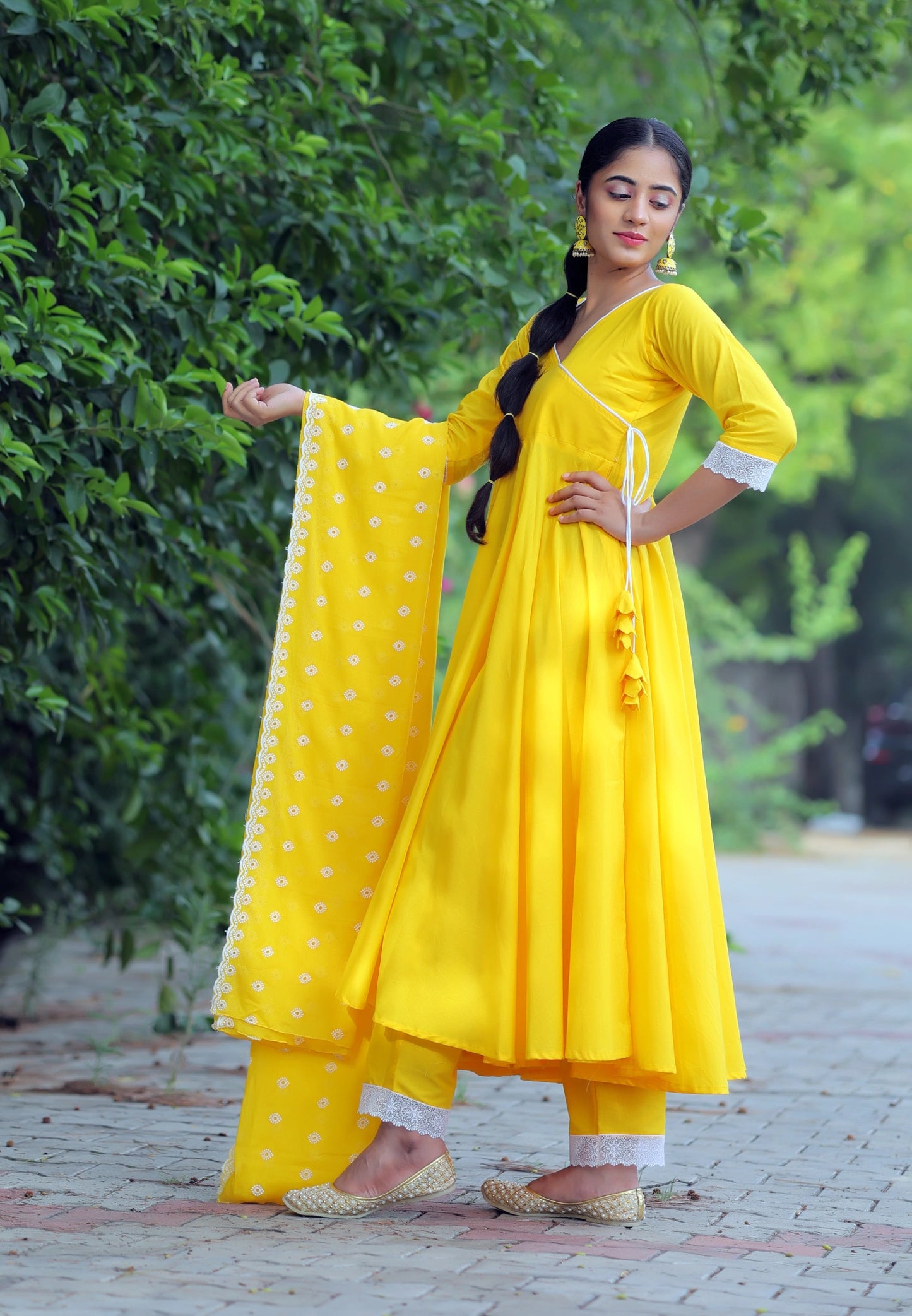 Bright Yellow Angrakha Anarkali Suit with Embroidered Mulmul Dupatta (Set of 3)