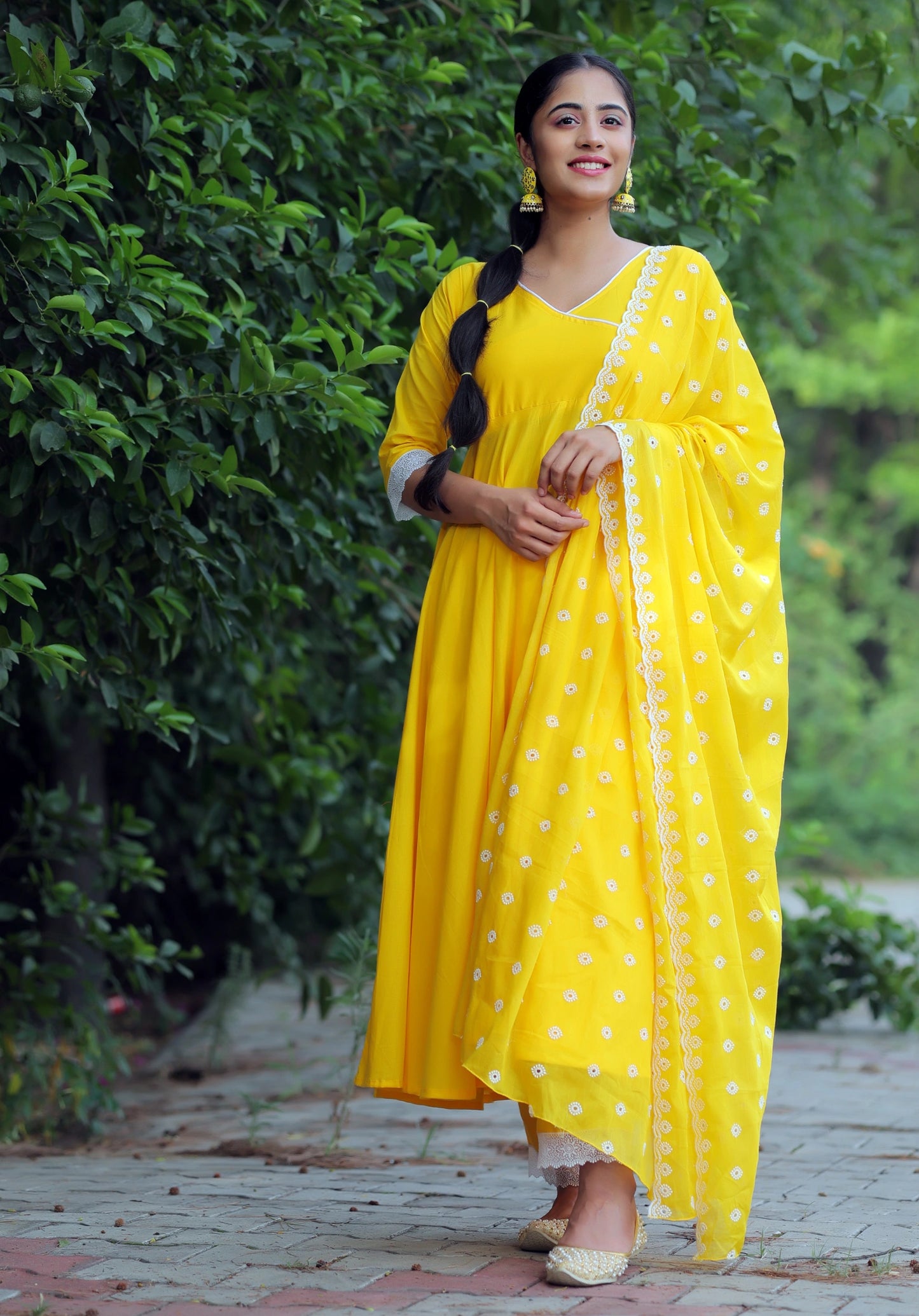 Bright Yellow Angrakha Anarkali Suit with Embroidered Mulmul Dupatta (Set of 3)